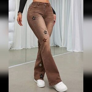 Brown Boho Hippie Floral Embroidered Flare Jeans